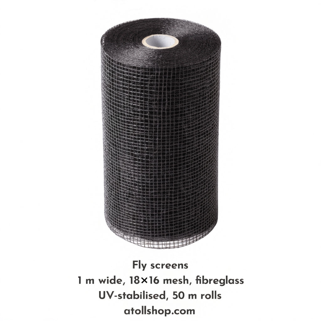 Fly screens / insect mesh roll, 1 m wide, 18×16 mesh, fibreglass