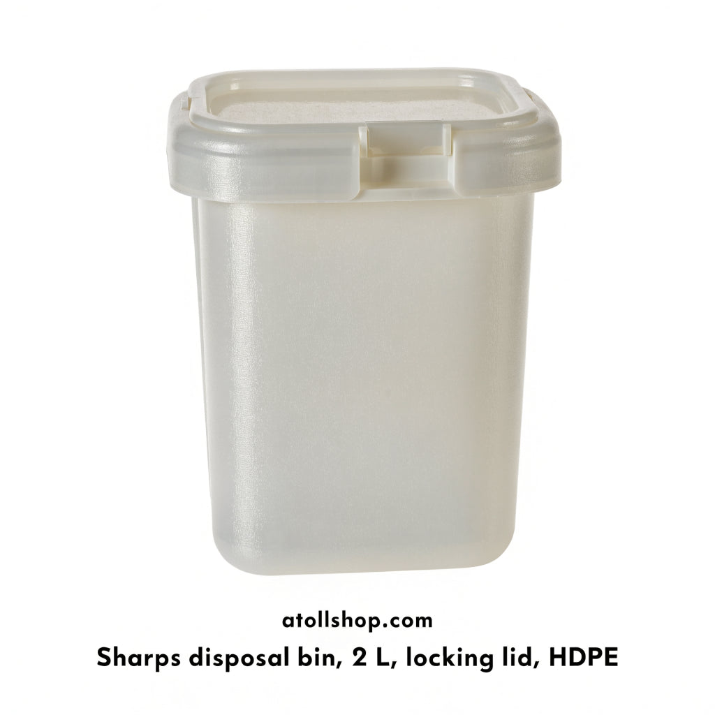 Sharps disposal bin, 2 L, locking lid, HDPE