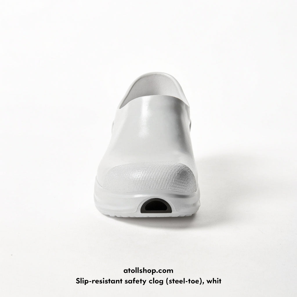 Slip-resistant safety clog (steel-toe), white, size range 36–48