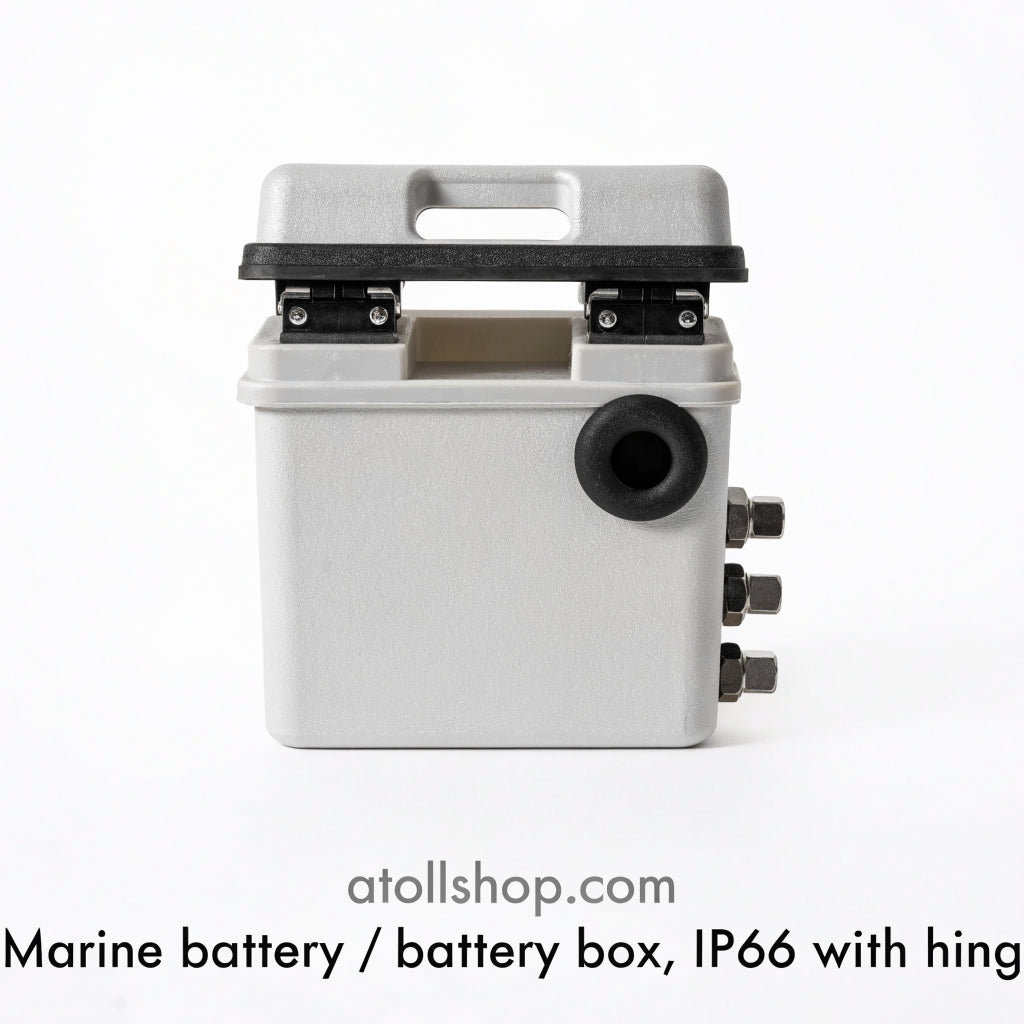Marine battery / battery box, IP66 with hinged lid, 6–12 V